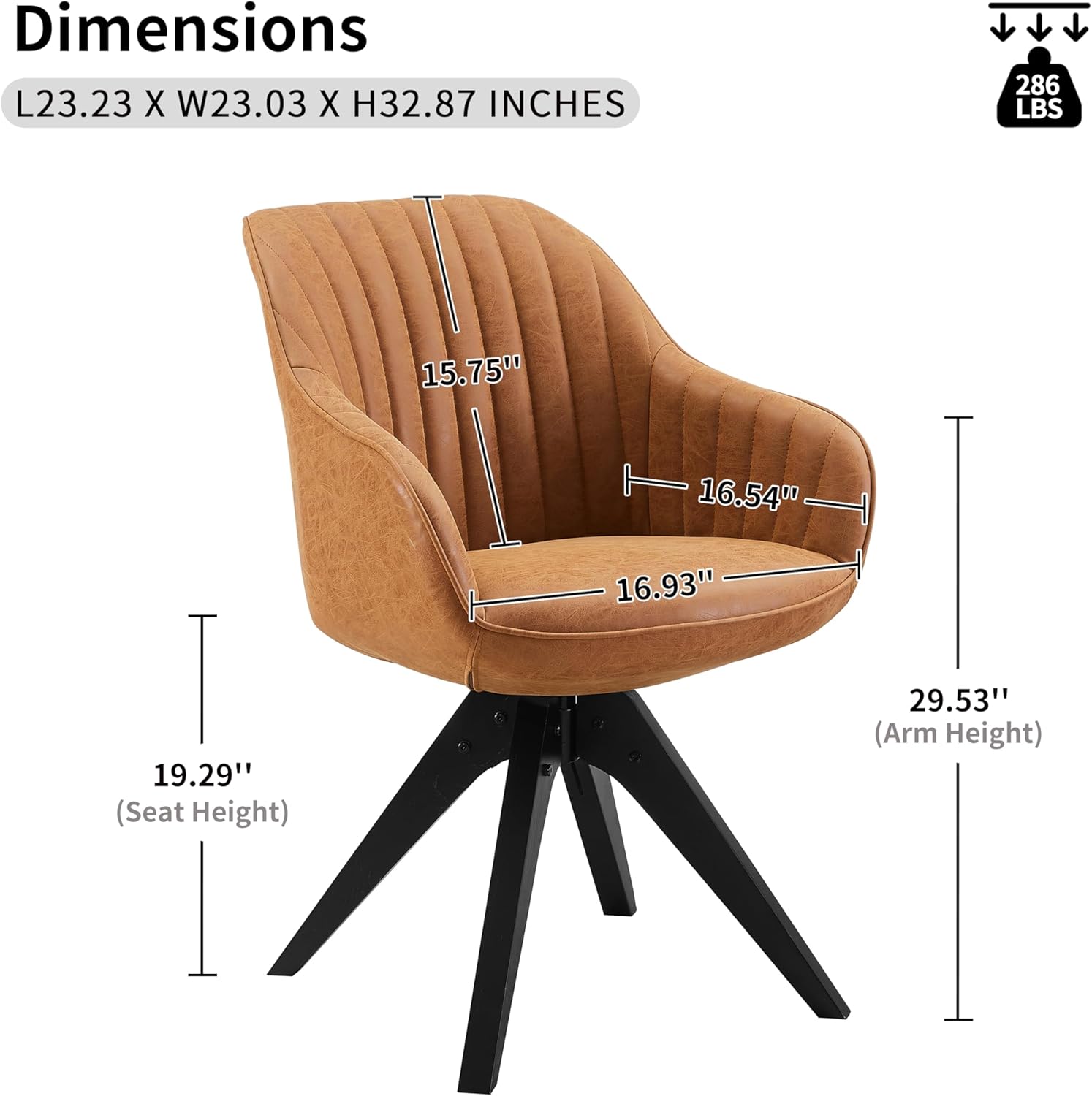 Art Leon Office Chair No Wheels, Mid Century Modern Desk Chair, Swivel Accent Chair with Oak Wood Legs, Faux Leather Upholstered Armchair for Desk, Brown