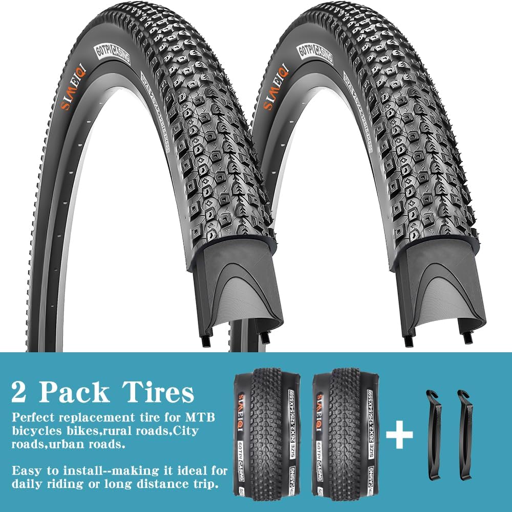 SIMEIQI 2 Pack 26"x1.95" 26"X2.125" Inch 60TPI Bike Tires with or Without Inner Tubes and Levers for Mountain Replacement City Road Trails Bicycle Tires