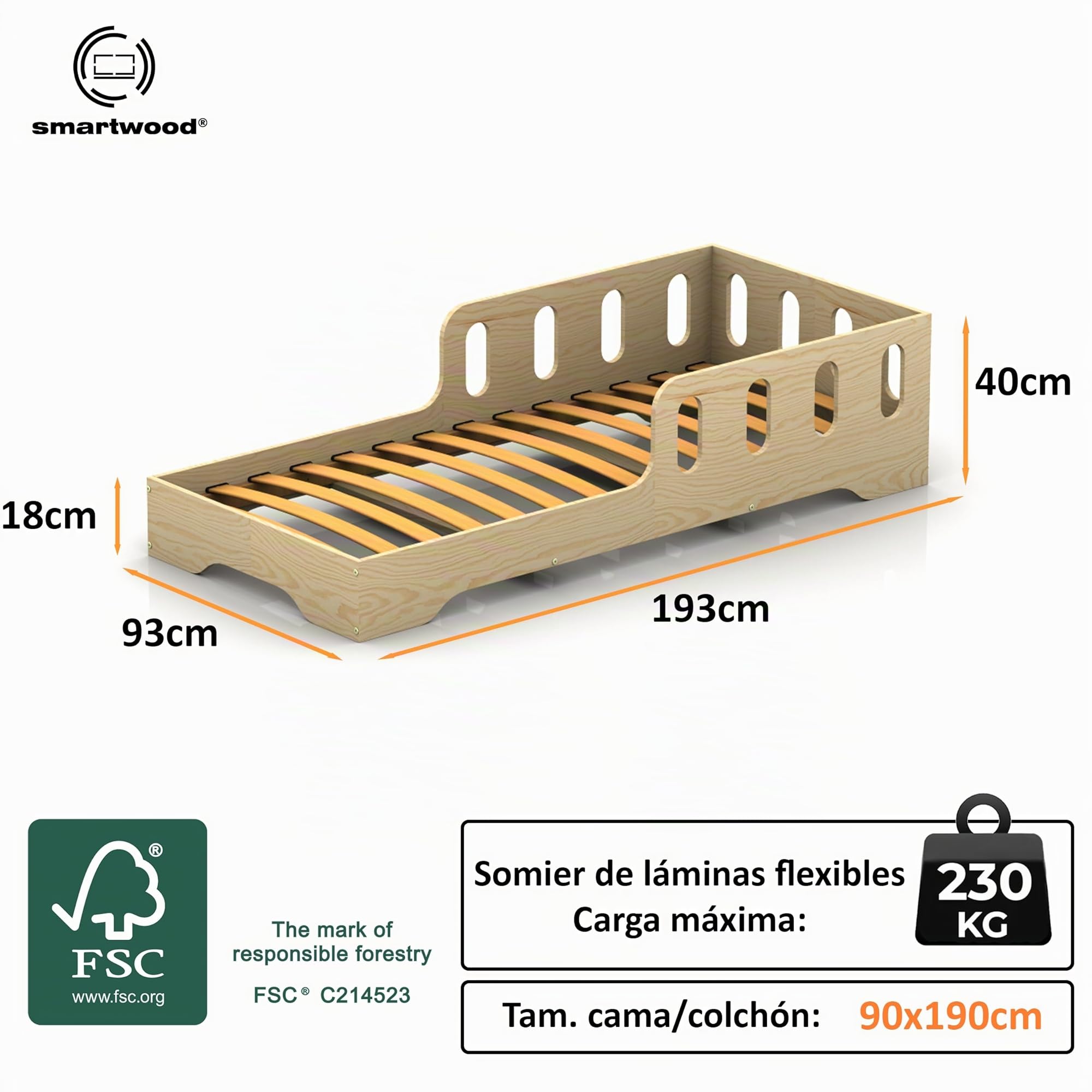 smartwood Cama Montessori 90x190 cm Madera - Cama Infantil de Madera con Certificado FSC, con Barrera Anticaídas y Somier Flexible para 230 kg - para Niño y Niña - Montaje Sencillo - TILA 6