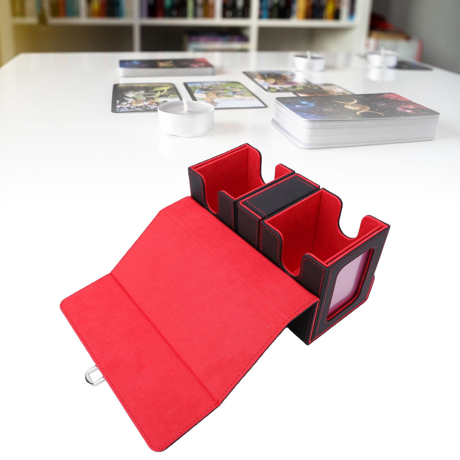 Zunate Caja Organizadora de Tarjetas Magnéticas con Ventana Doble, Caja Portátil para Juegos de Mesa, Superficie Resistente Al Agua de Cuero PU
