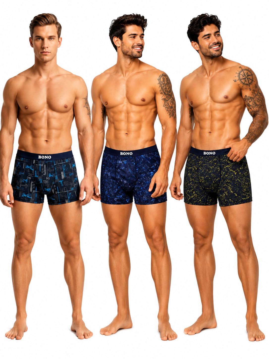 bono Men Printed Trunk Combo Breathable Cotton Lycra Underwear with No-Marks Ultrasoft Nylon Buffed Waistband Regular Fit Stretchable Underwear Pack of 3-picture-17