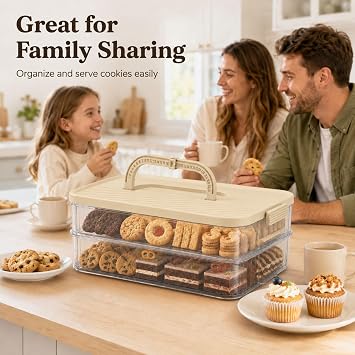 Cracker Storage Container 2 Tier, Biscuit Tins Large Biscuit Container, Cookie Storage Container with Date Handle, Dumpling Storage Box, Biscuit Barrel for Fridge Freezer