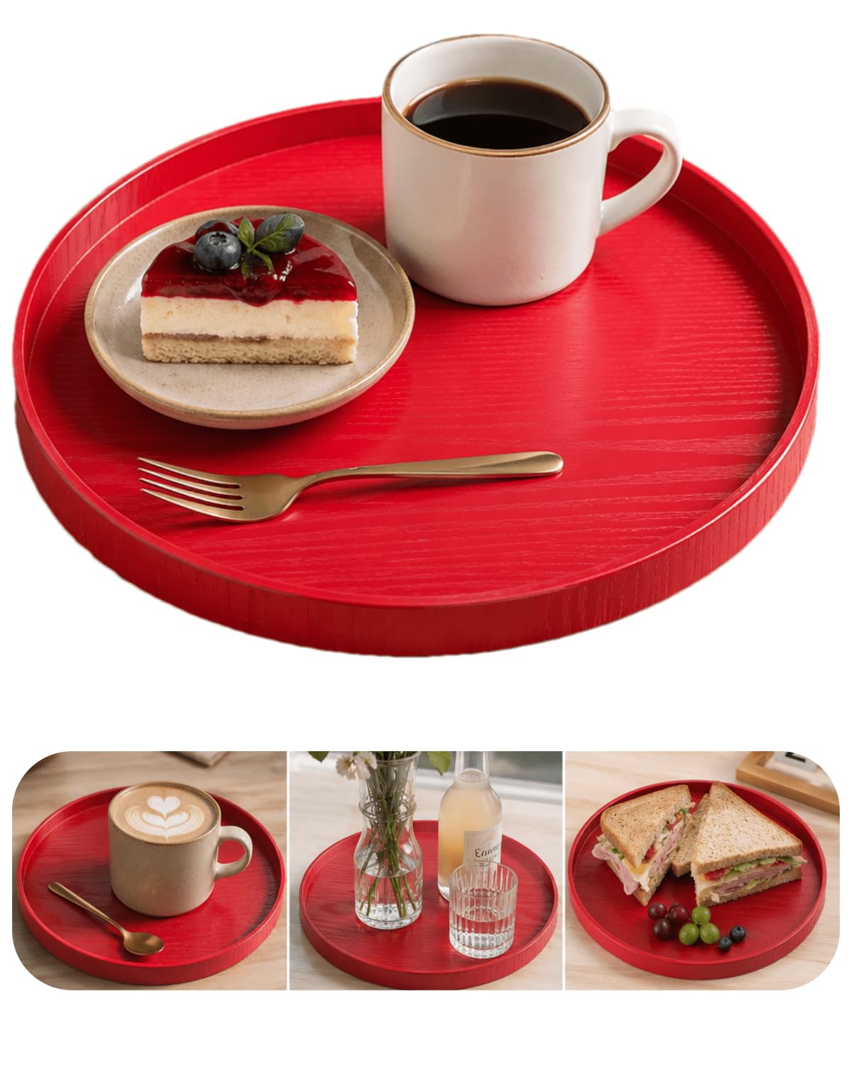 Plateau de service rouge plateau rond MDF 24cm 27cm pour thé et fruit