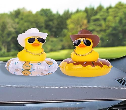 Miniatura 10 de MuMyer 2 piezas de pato amarillo de goma para tablero de automóvil, adornos de pato con gafas de aleación, mini anillo de natación, sombrero de sol,