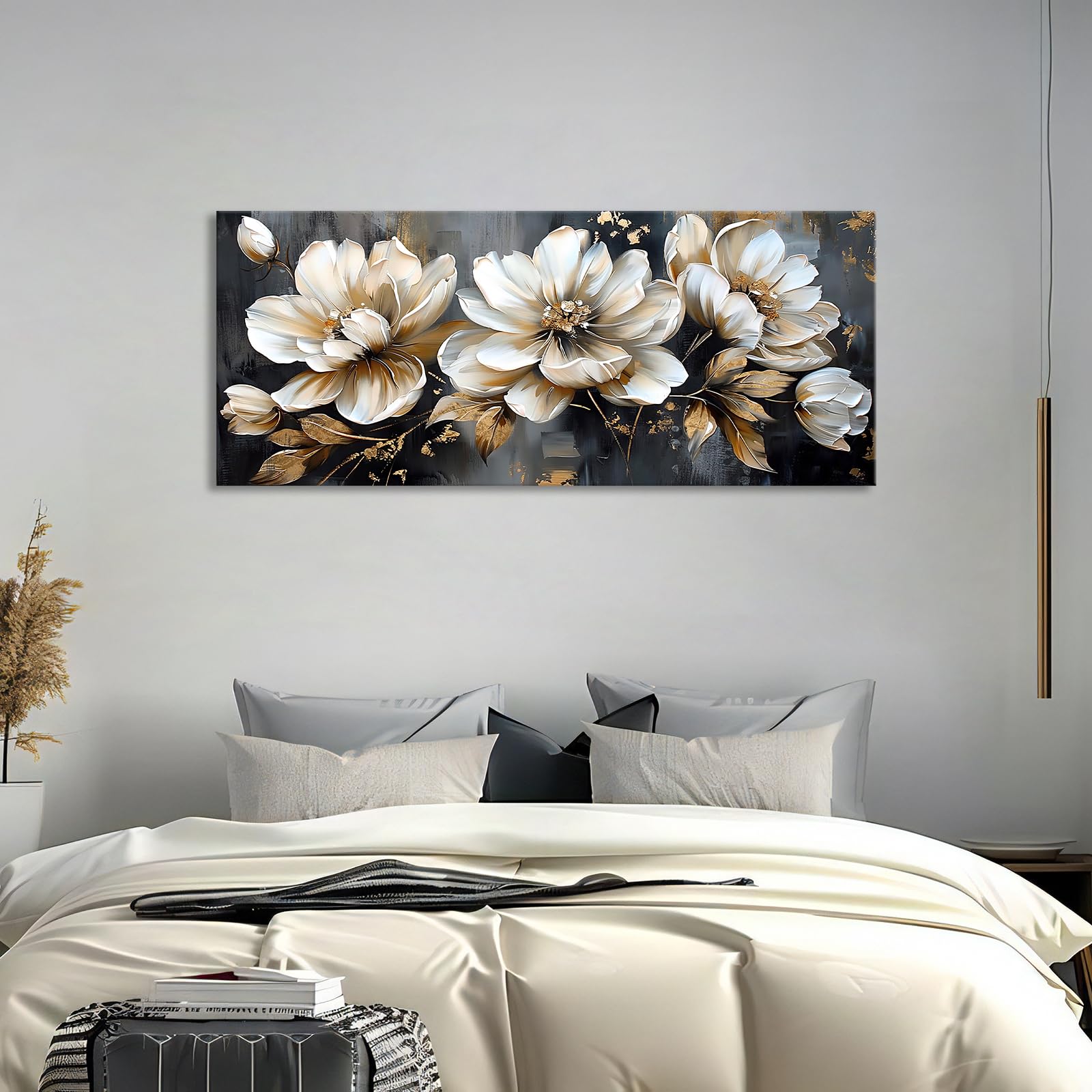 Mit Rahmen Leinwand Bilder Beige Pfingstrosen Blumen Bild auf Leinwand Malerei Poster Kunstdrucke Graue Goldene Blätter Bild Wandbilder Heim Restaurant Wohnzimmer Schlafzimmer Wanddekoration 50x120cm
