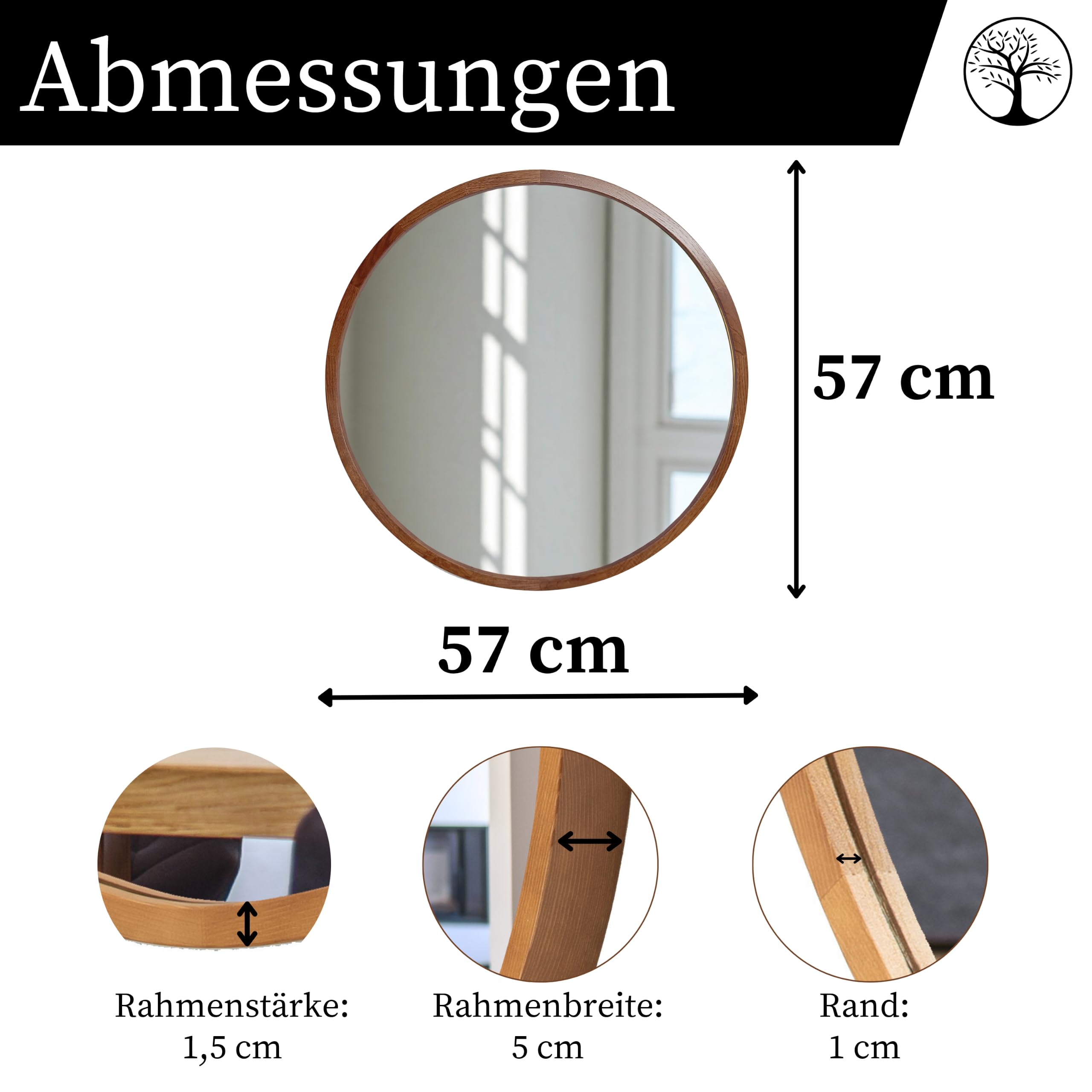 Wandspiegel mit Holzrahmen (∅57 cm) - Spiegel Rund Holz Rustikal - Runder Bad Spiegel für Badezimmer, Flur, Wohnzimmer, Schlafzimmer - Stilvoller 60 cm Badspiegel LEJA