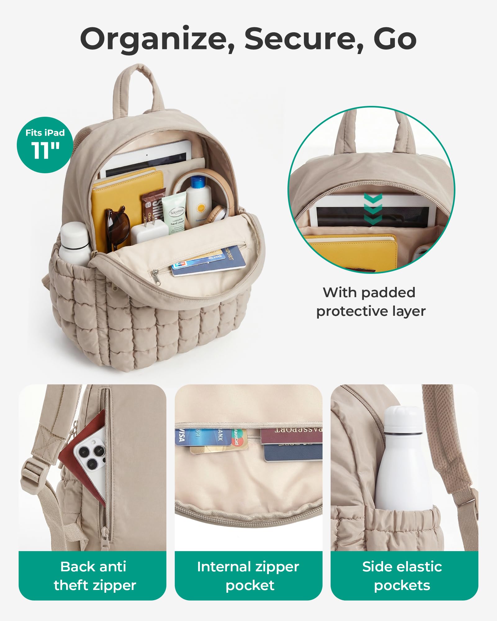 BAGSMART Mini Backpacks for Women, Puffy Checkered Quilted Small Backpack with Pouch, Lightweight Daypack Purse, Water-Resistant Bookbag for Daily Travel College, 2-in-1 Set, Brown - 4