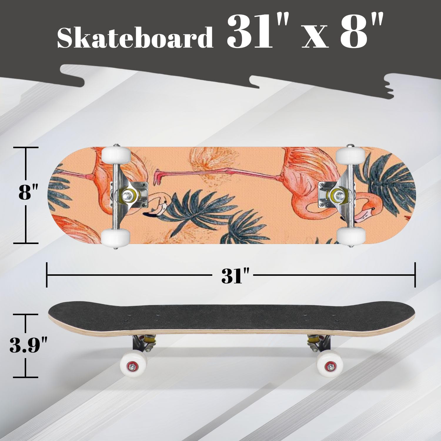 Complete Skateboard with Peach Fuzz Flamingo Seamless 2024 Peach Fuzz Trendy Flamingo Beginner Skateboard 7-Layer Maple Wood Double Kick Concave Skateboards for Kids, Adults, Teens 31