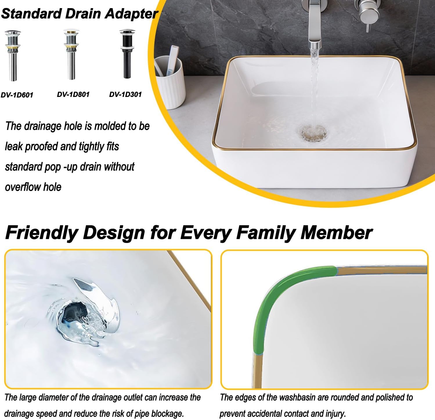 Vessel Sink Rectangular 16"x12" White Vessel Sink with Glod Rim Ceramic Porcelain Rectangle Bathroom Sink Above Counter Vanity Sink Basin