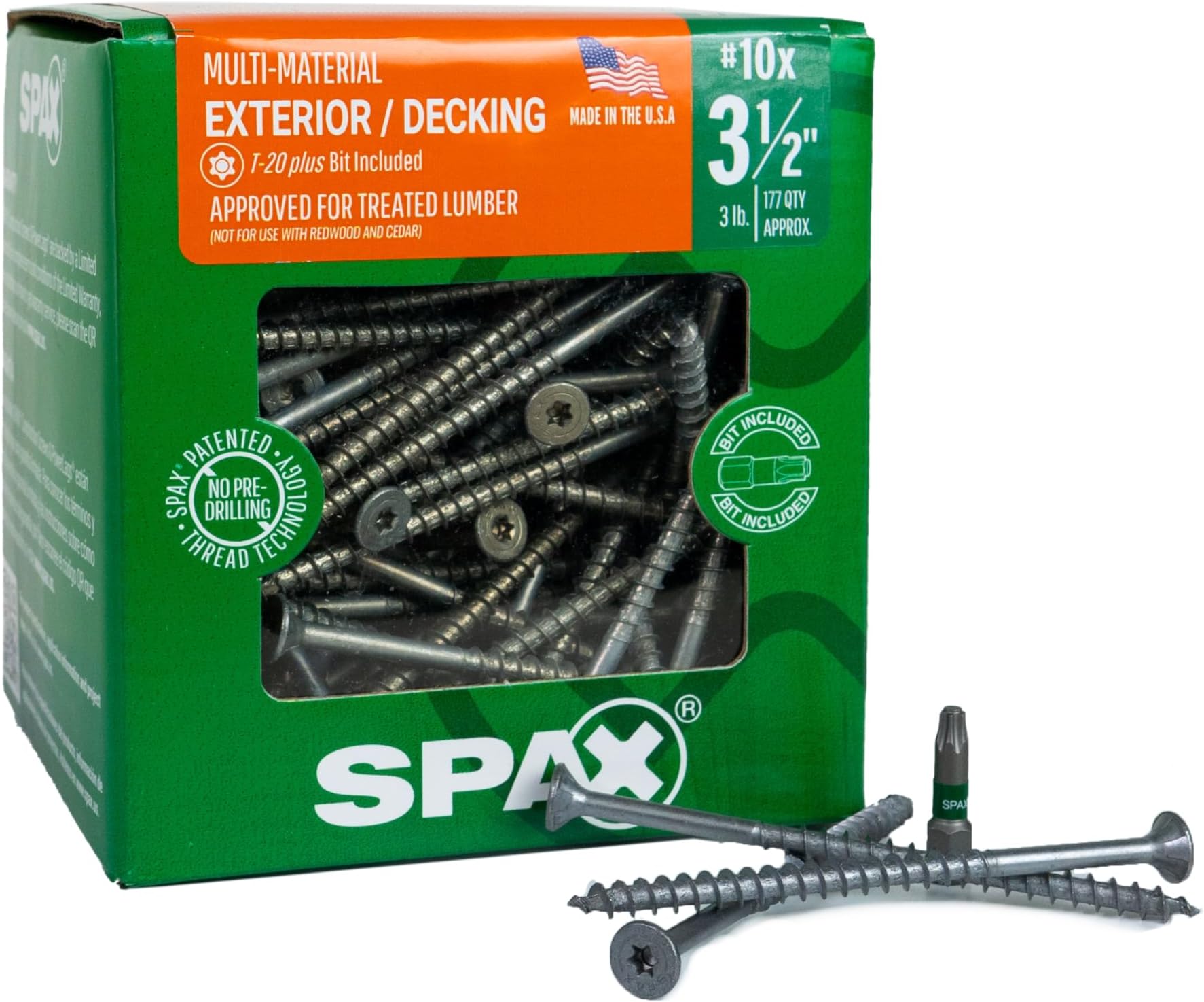 SPAX#10 x 3-1/2" Exterior Flat Head Deck Wood Screws Construction Torx T-Star Plus (177 EA) 3 LB Bit Included Rust Resistant