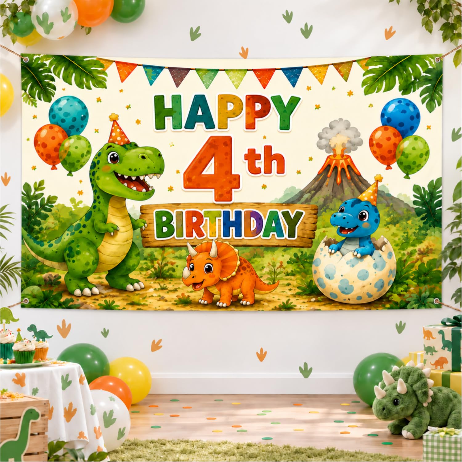 4th Birthday Dinosaur Banner, 180 x 110 cm Party Backdrop for Kids