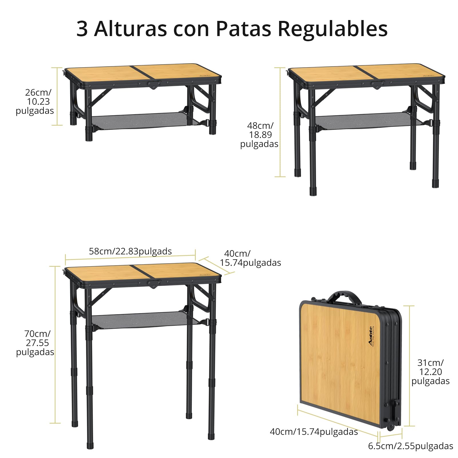 Anbte Mesa Camping Plegable 58x40x26/48/70cm Ajustable Altura