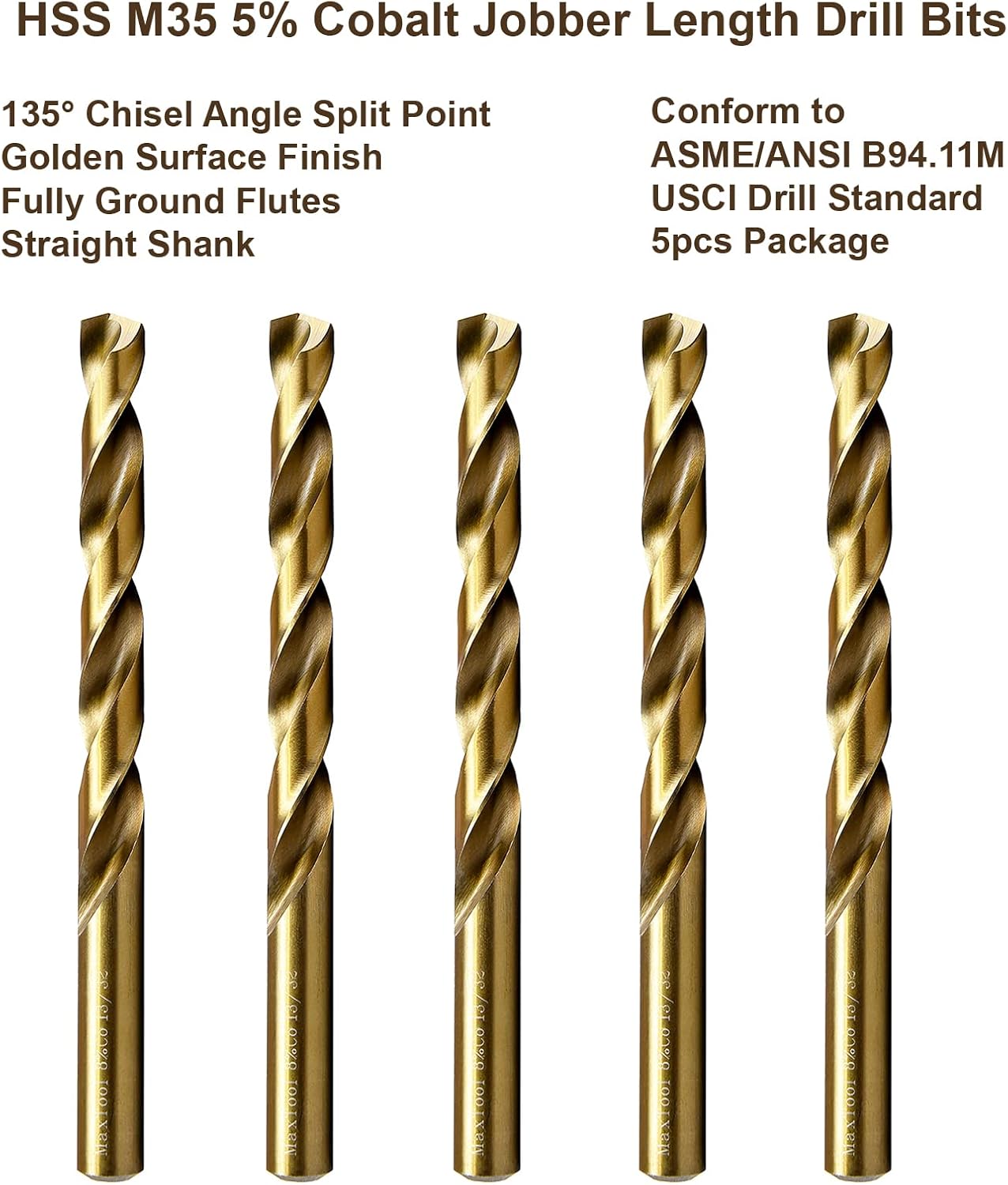 MAXTOOL No.1 5pcs Identical Jobber Length Drills Dia 0.228" HSS M35 Cobalt Twist Drill Bits Wire Gauge Numbered Golden Straight Drills; JBN35G10R01P5