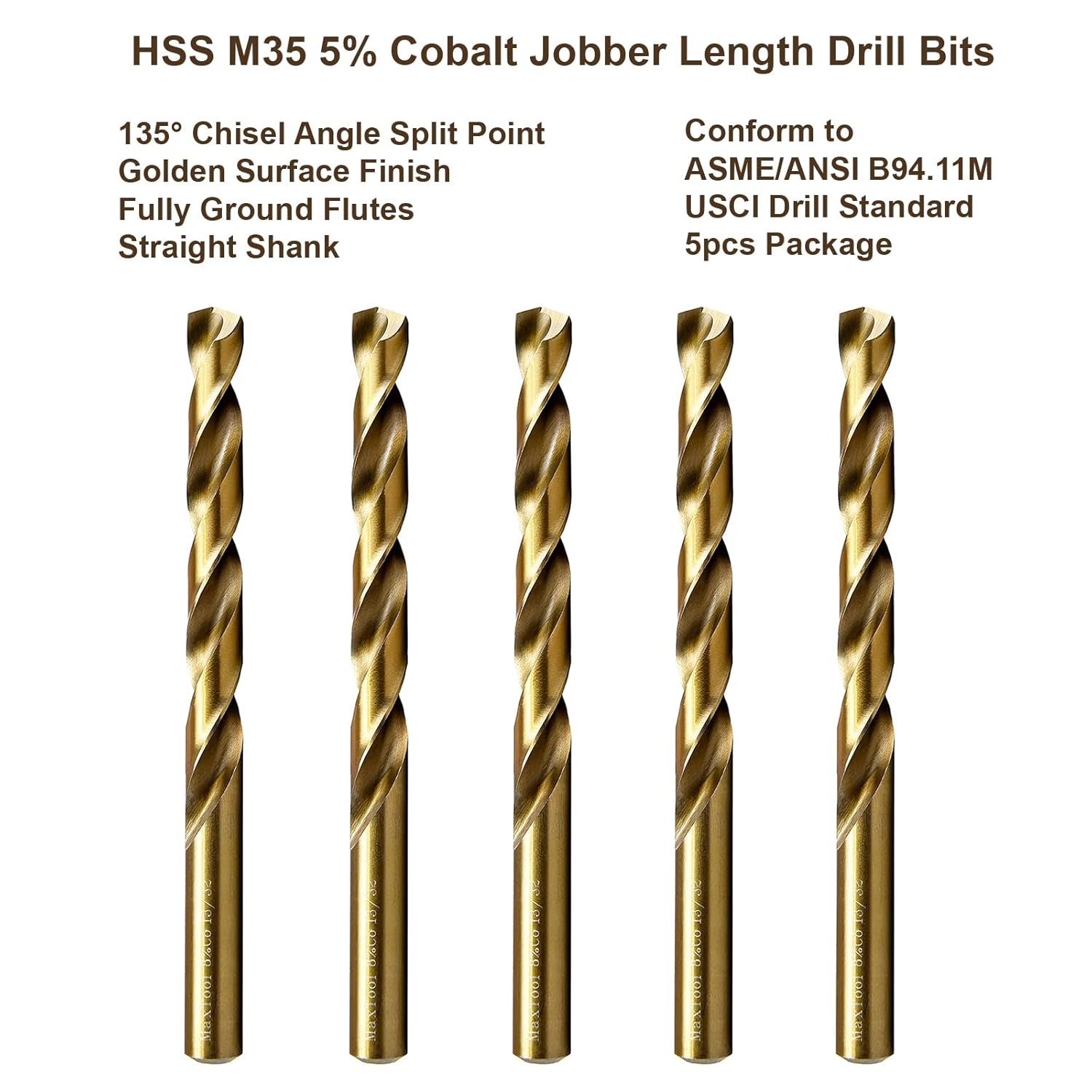 MAXTOOL 27/64" 5PCs Identical Cobalt Jobber Length Drill Bits HSS M35 Twist Drill Bits Fully Ground Golden Straight Shank Drills; JBF35G10R27E5
