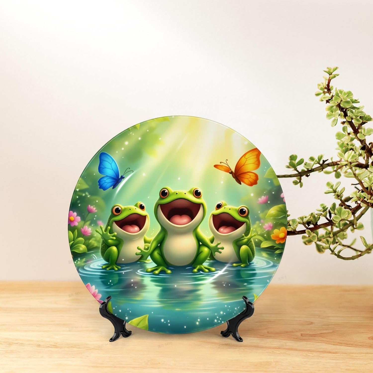 Frogs In Water With Birds Style Ceramic Plate Display Decorative Plate With Stand Wall Hanging Plate For Home Decor 10 Inch