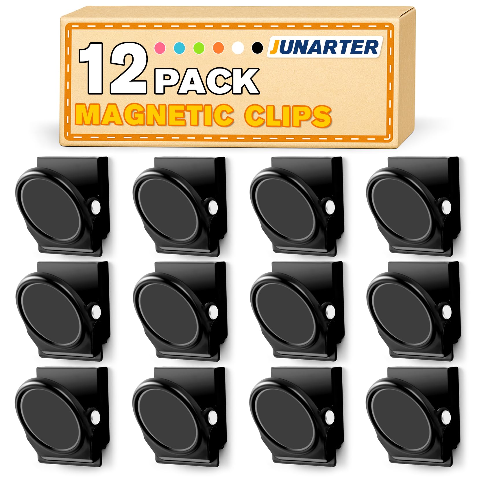 Junarter 12 Pack Magnetic Clips Heavy Duty, Black Magnet Clips for Fridge, Refrigerator Magnets, Strong Magnetic Clip, Scratch Free Magnets with Clip