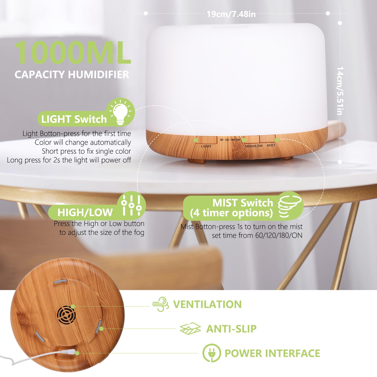 WD&CD Diffusore di Aromi, 1000ml Umidificatore Ultrasuoni con Telecomando/7 LED Colori/Spegnimento Automatico, Diffusore di Oli Essenziali per Spa, Venatura Del Legno Chiaro