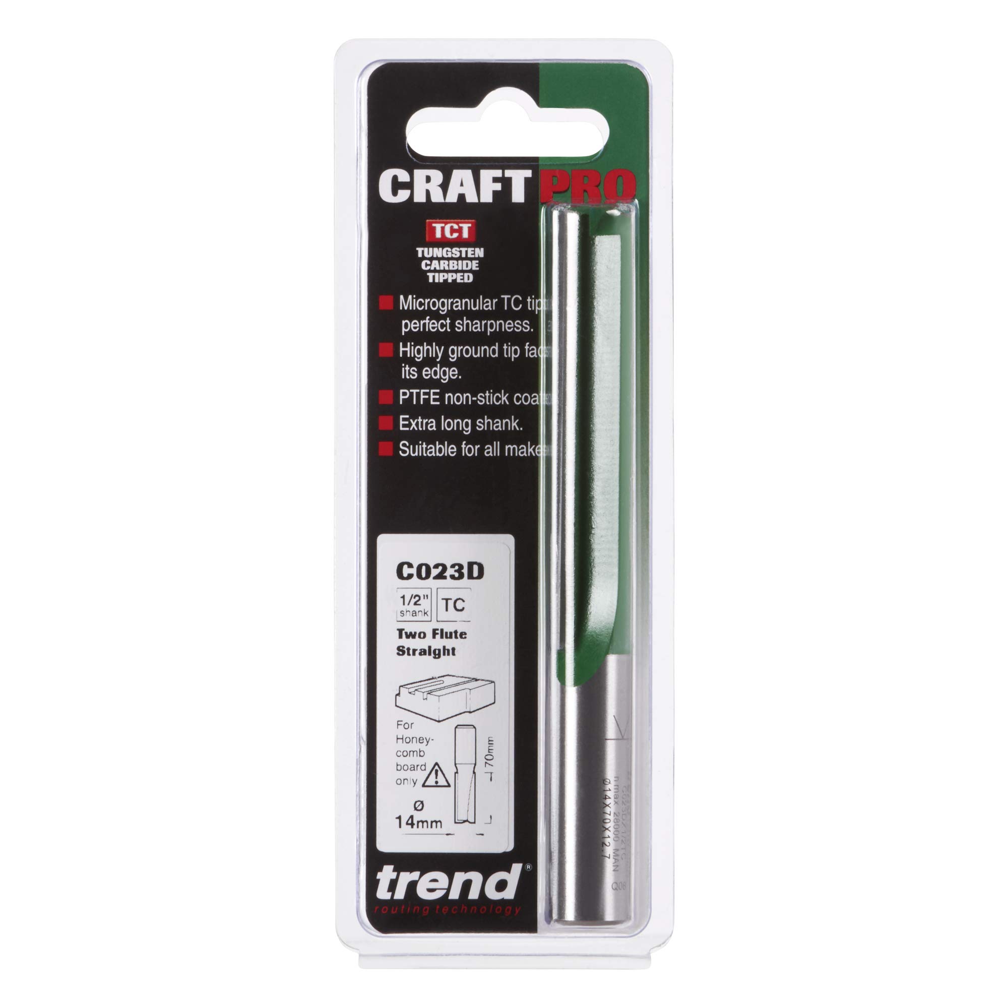 Trend CraftPro frez prosty dwupiórowy do frezarki górnowrzecionowej, trzpień 1/2 cala, średnica cięcia 14 mm, długość cięcia 70 mm, węglik spiekany (TCT), C023DX1/2TC