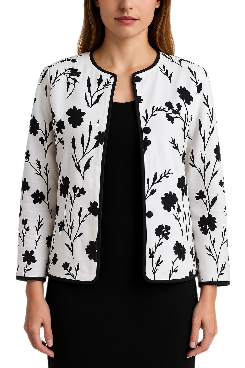 Womens Floral Print Blazer Jacket Black and White Long Sleeve Open Front Business Casual Style by Kapra-US