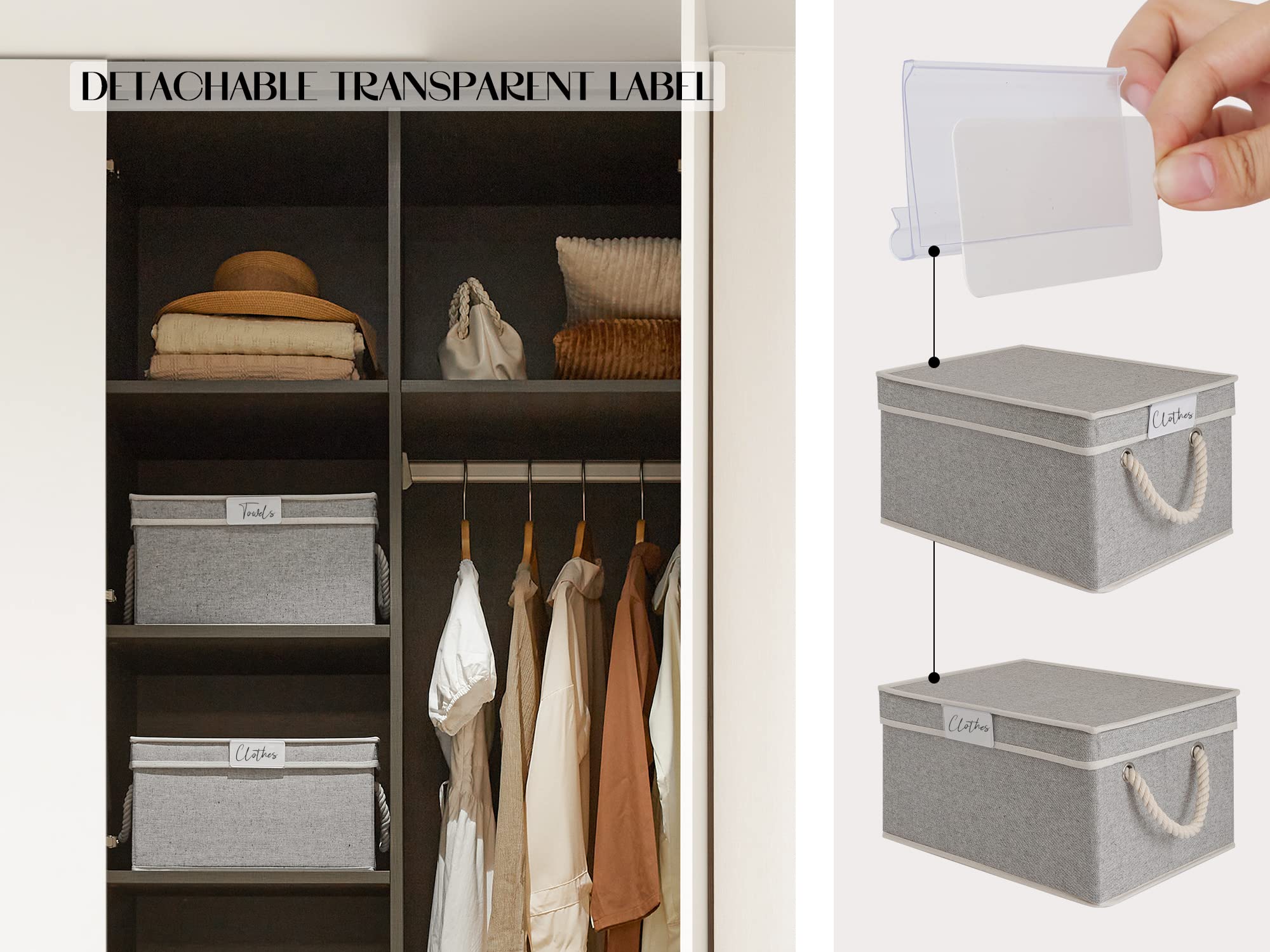 LoforHoney Home Fabric Storage Bins with Lids for Organizing, Foldable Storage Boxes with Lids for Shelves, Clothes Baskets with Cotton Rope Handles, Closet Storage Bins, Large, Light Gray, 2-Pack