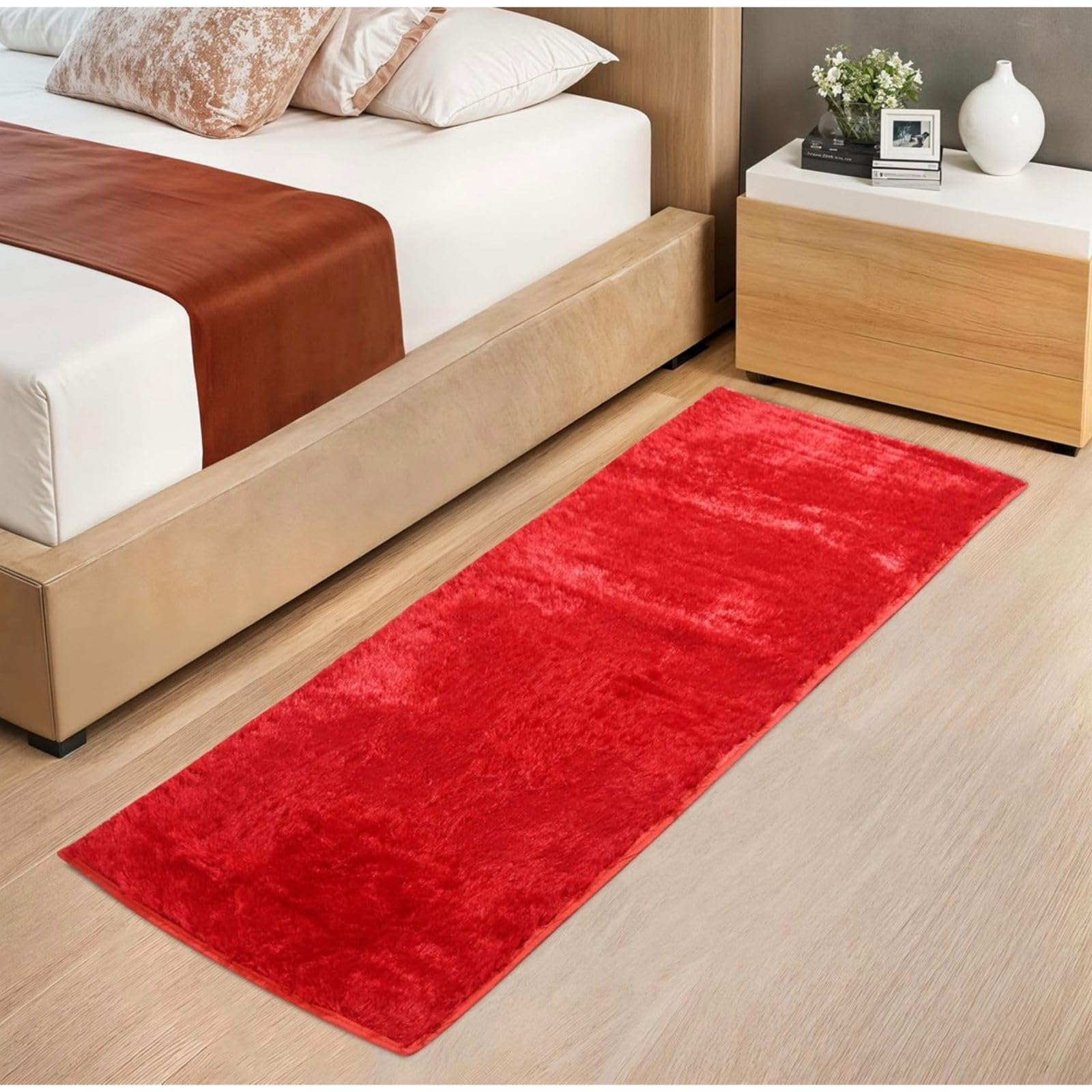 Soft Microfiber Bed Runner Rugs | Decorative red Bed Runners Rug for Bedroom | Comfortable Bedside Runner (Set of1 Piece, 20x50 Inches)-image-0