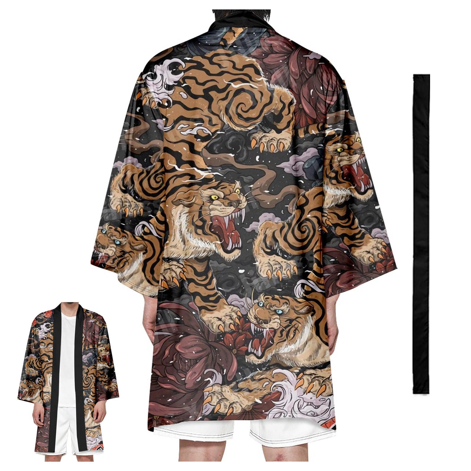CHUIKUAJ Men's Japanese Kimono Cardigan Summer Lightweight Long Bathrobe Tiger Print Open Front Casual Kimono Robe with Belt,Brown-8XL
