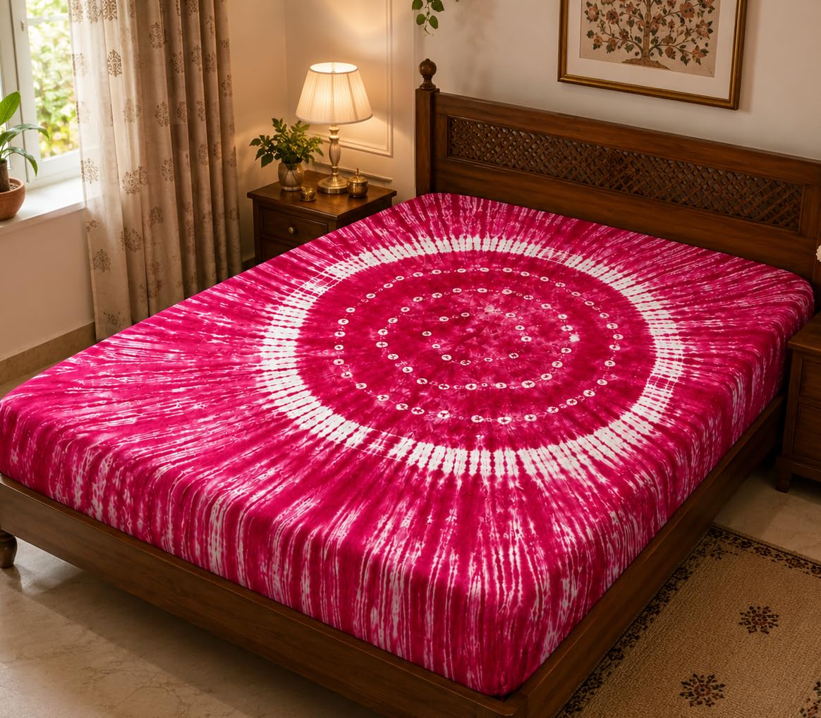 Tie-Dye Printed Double Bed Sheet, 100% Cotton, Bandhani Design, Rajasthani Style, 90x100 inch, No Pillow Covers (Pink)-image-48