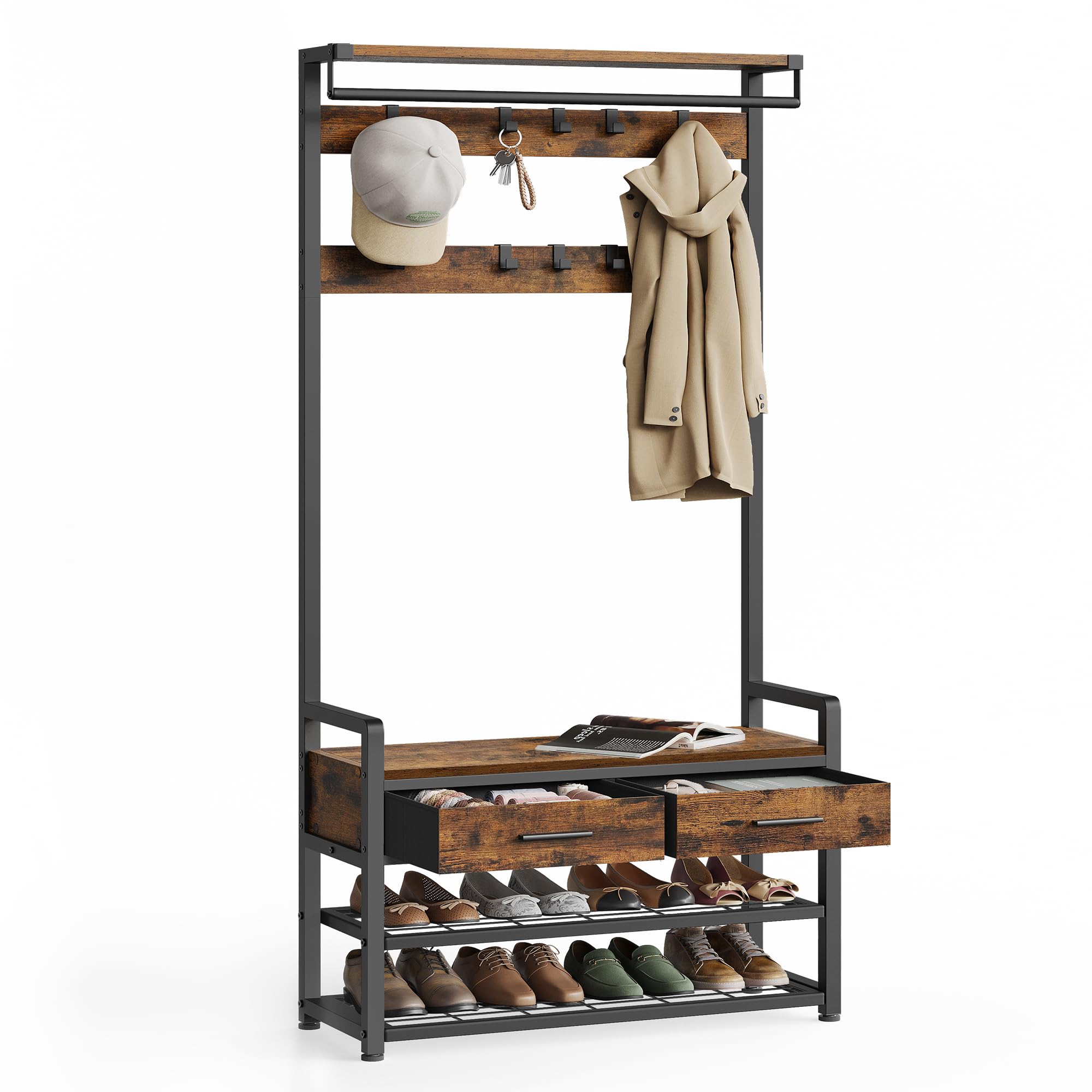 VASAGLE Perchero Recibidor, Mueble de Entrada con 10 Ganchos Extraíbles, 2 Cajones, Banco Zapatero, Diseño Separable, 30 x 80,4 x 181,6 cm, Marrón Rústico y Negro Tinta HSR429B01