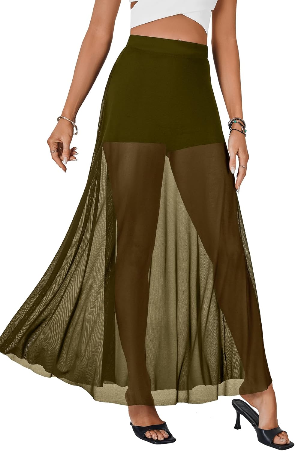 KIFOVEN Women's Sheer Mesh Maxi Skirt High Waist Flowy A Line See Through Long Skirt - Image 4