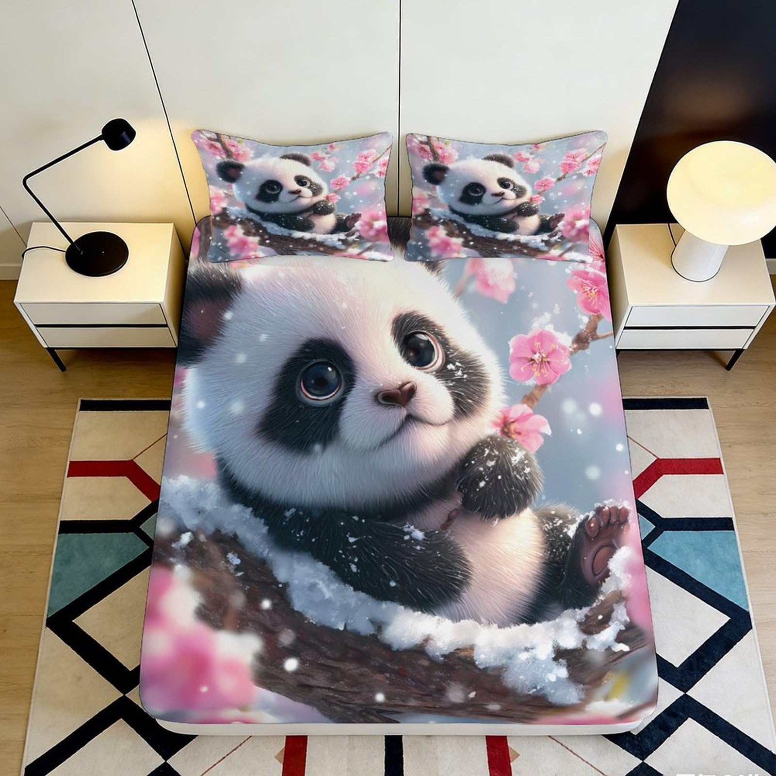 3D Printed Cute Panda Blossom Fitted Sheet Microfiber Soft Anti-Slip Bed Cover for Bedroom Dorm Guest Room Decor 200x200x25cm