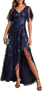 Women's Shimmery Formal Dress V Neck Sequins A-Line Side Slit Elegant Long Evening Dresses 02083