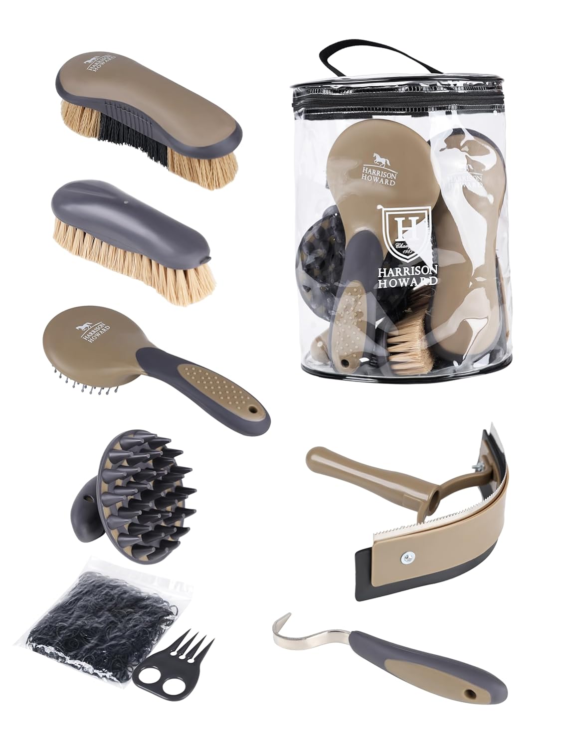 Harrison Howard Horse Grooming Brush Set, 7 Essential Grooming Brushes for Daily Horse Care, Body, Mane, Tail & Shedding Use Brown