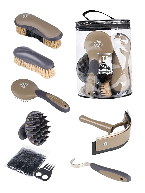 Kit de Higiene para Cavalos Harrison Howard com Escovas, Limpador de Cascos e Raspador de Suor, 7 Peças