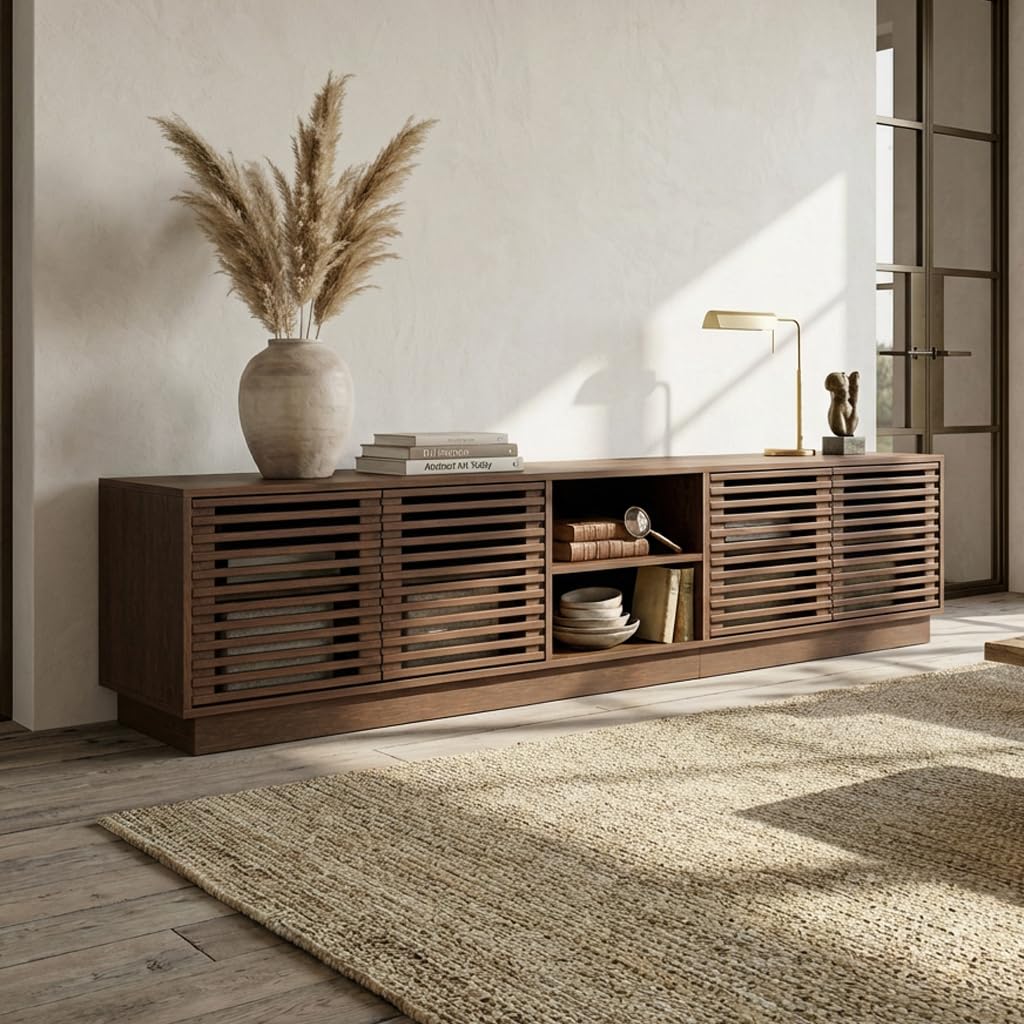 ROMSHINE Farmhouse TV Stand for 80" TV, 78.7" Entertainment Center with Storage Shelves, Louver Doors and Cable Management, Media Console Table for