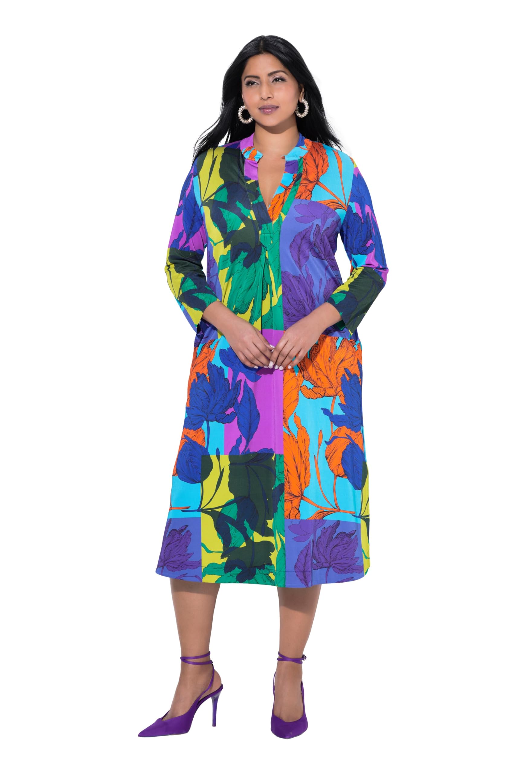 Ulla Popken Damen große Größen Übergrößen Plus Size Slinky-Midikleid, Blätter, Stehkragen, 3/4-Arm 839983