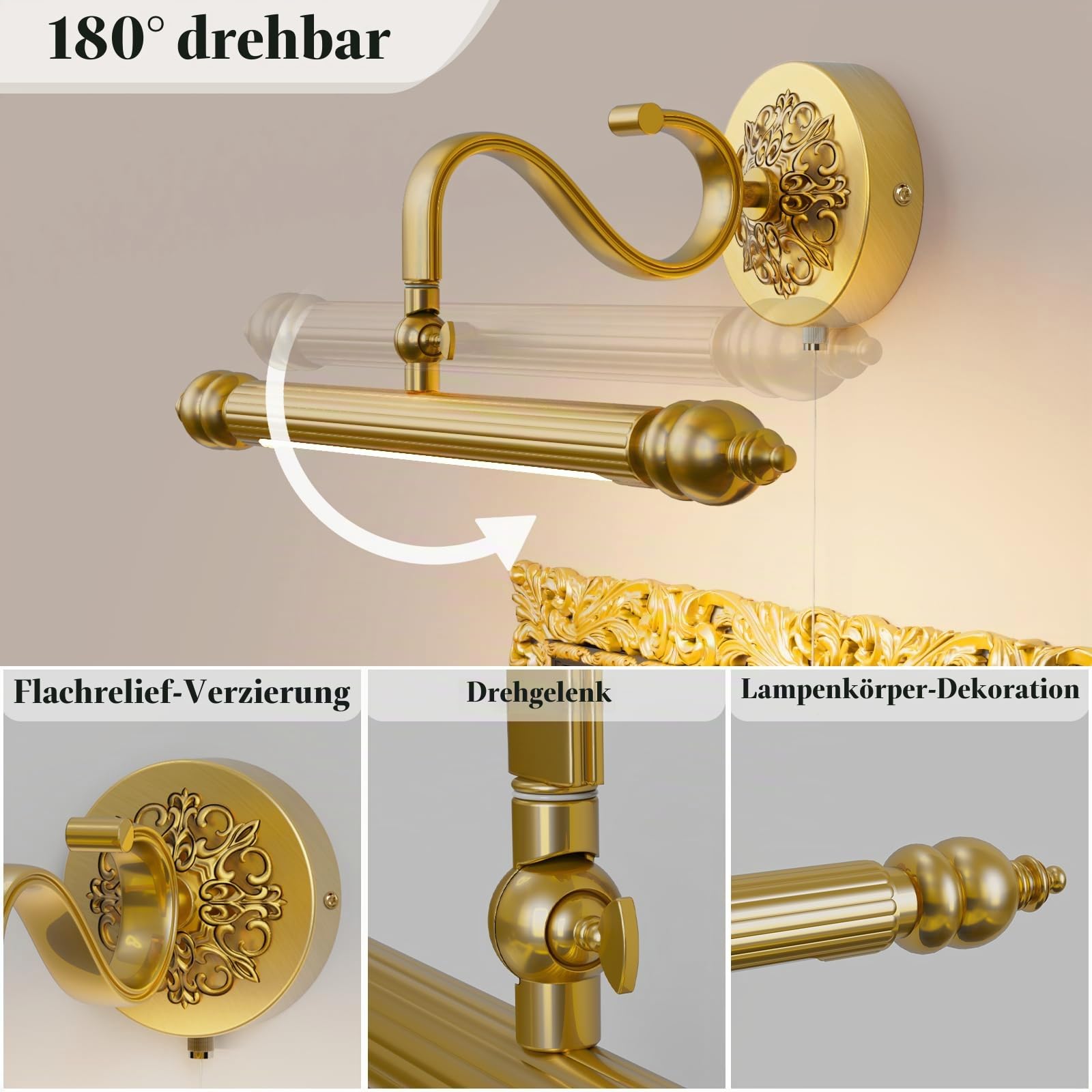 LANMOU Spiegellampe Bad, Vintage LED Spiegelleuchte für Badezimmer Einstellbar Retro Wandleuchte Antik Metall Schminklicht Spiegelschrank Schminktisch Spiegellicht Warmweiß Licht 51cm
