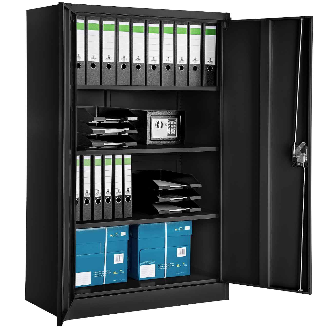 tectake® Metal Storage Unit, lockable with 3 adjustable Shelves and 2 Doors, Lockable Filing Cabinet for Home Office Storage, Garage Storage Cabinet, and Kitchen 140x90x40 cm - black