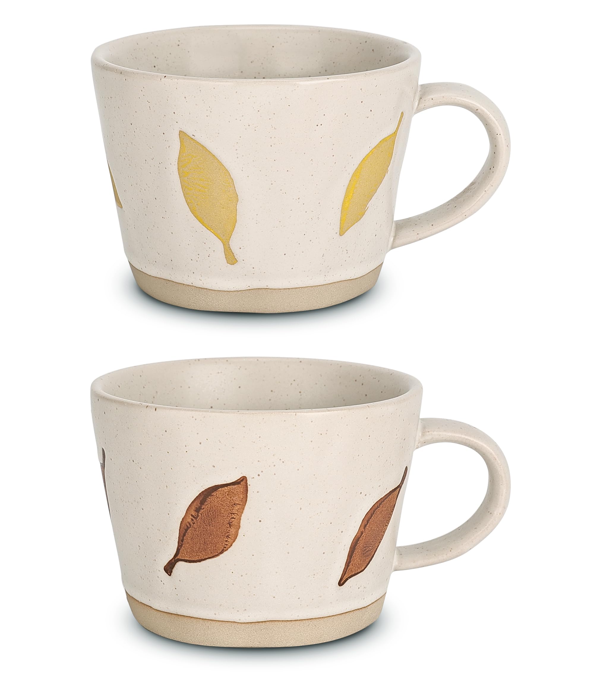 LINVIA Leaf Mug, 11 oz Ceramic Coffee Cup for Tea Latte Cappuccino, Cute Unique Stoneware Teacup with Handle (Set of 2, Yellow and Brown)
