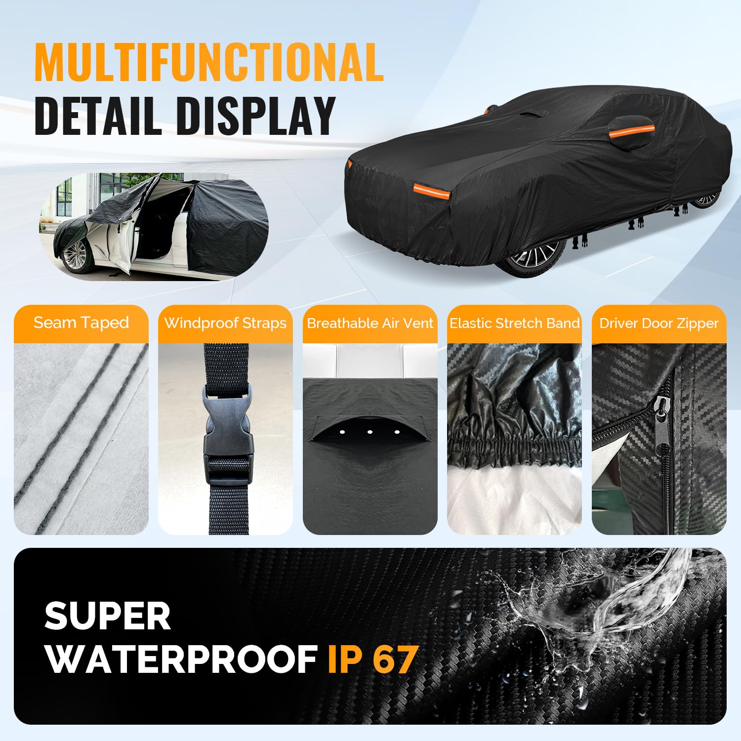 OWEEIO 30 Layers Car Cover for Automobiles All Weather Waterproof Outdoor Snowproof UV Protection Windproof Door Zipper Soft — view 4