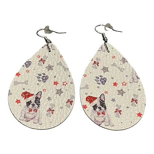 Miniatura 2 de Faux Leather Teardrop Earrings, Winter, Dangle Earrings, Silver, Gold, Rhodium, Preppy, Christmas, Stars, Frenchies, French Bulldogs, Santa, Pups