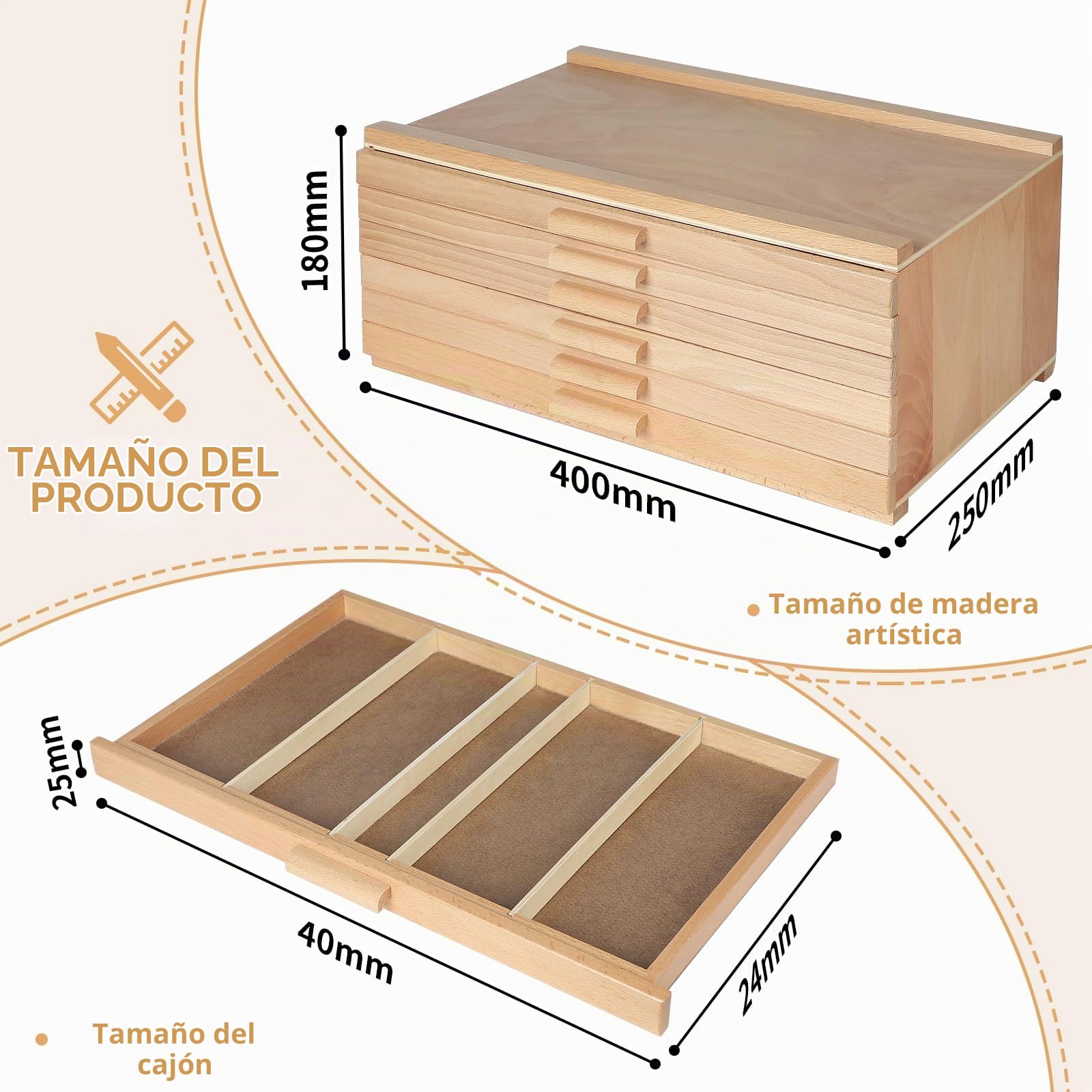 CPROSP 6 Cajones Caja de Almacenamiento para Artistas 40 * 25 * 18cm, Cajones de Almacenamiento de Madera para Guardar Herramientas Artísticas Lápices de Colores, Rotuladores, Pinceles o Joyas.