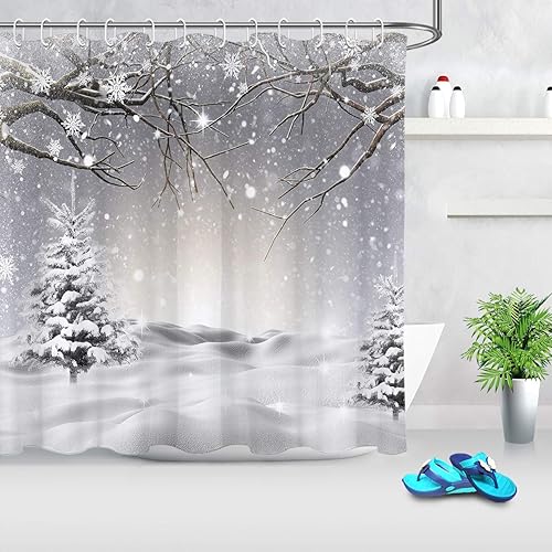 Miniatura 2 de LB Cortinas de ducha de invierno para baño, copo de nieve, ramas de pino, nieve, escena de nieve, juego de cortina de ducha con 12 ganchos, tela de