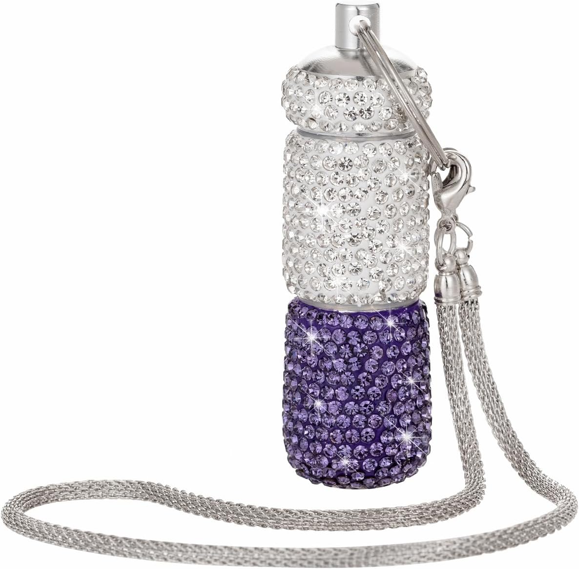 Dual-Compartment Small Pill Holder Keychain Bling Pill Container with Key Chain Travel Pill Organizer Medicine Box for Women (White+Purple)