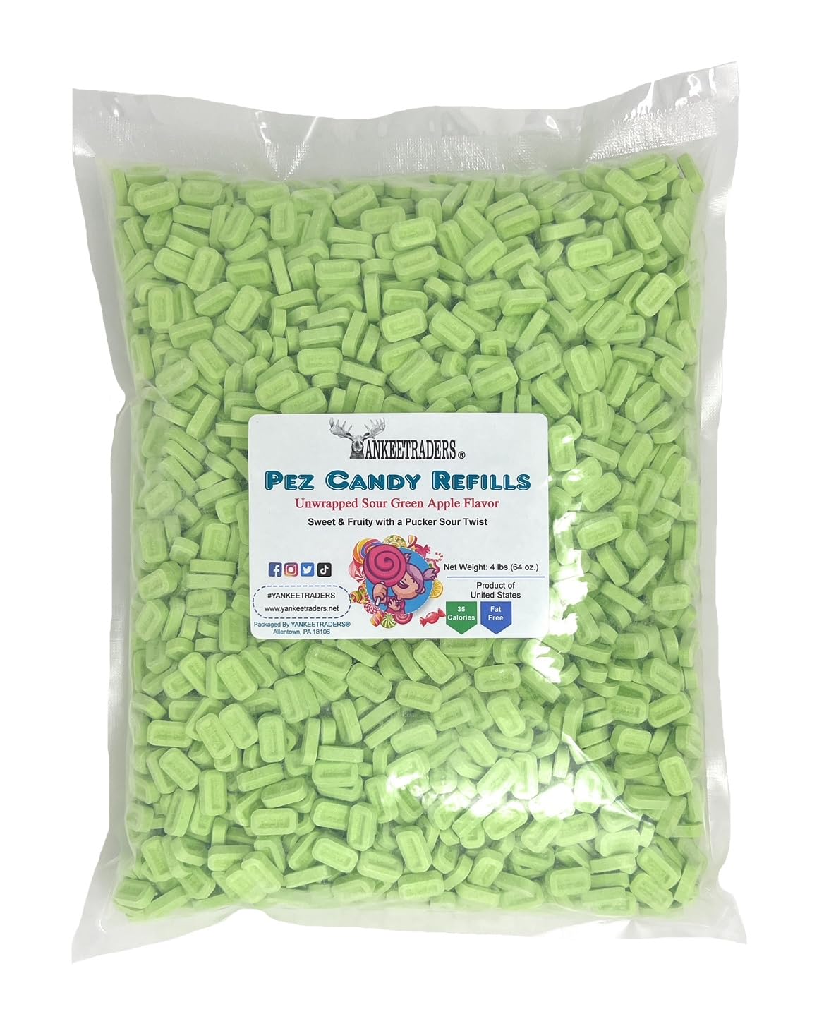 YANKEETRADERS Classic Sour Green Apple Tablets Unwrapped Pez Candy Dispenser Refills, 4 Pounds