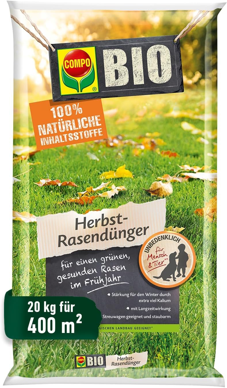 COMPO BIO Herbst-Rasendünger als Stärkung für den Winter und für einen grünen, gesunden Rasen im Frühjahr 20 KG für 400 m²