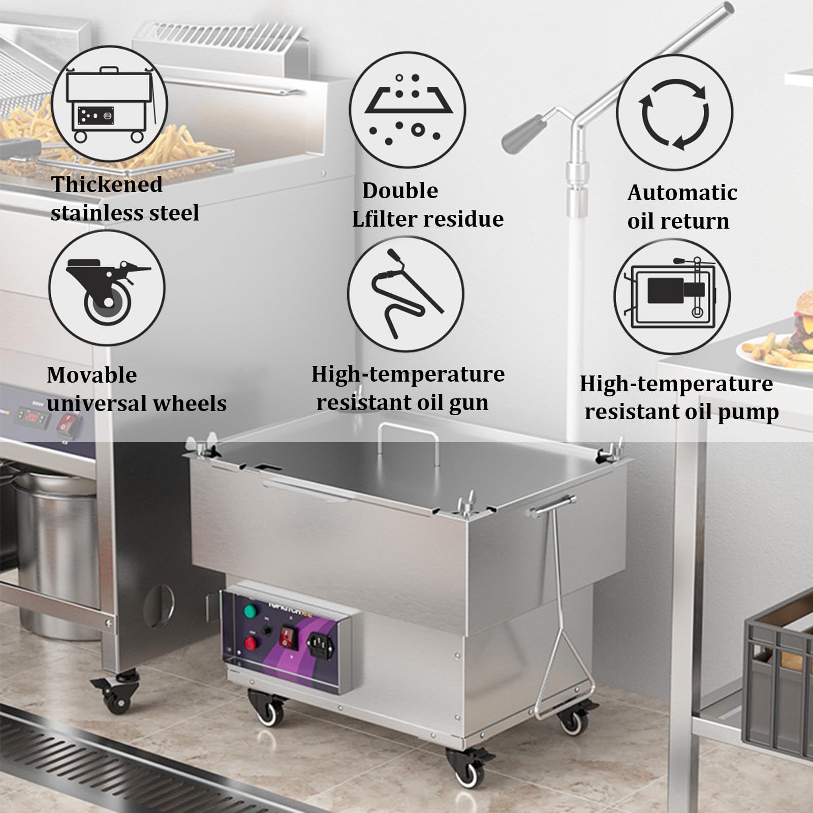 Máquina De Filtrado De Aceite para Freidoras Comerciales, Bomba De 250 W De Alta Eficiencia para Cocinas Y Restaurantes, Soluciona Las Necesidades De Filtración De Aceite.