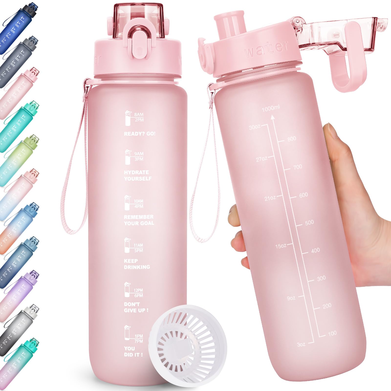 AOHAN Trinkflasche, 1l Wasserflasche BPA-Frei, Trinkflasche Sport Auslaufsicher, Sportflasche mit Zeitmarkierung für Fitness, Büro, Schule, Yoga, Outdoor