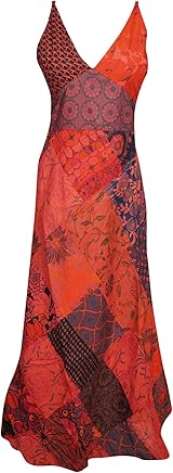 Women's Red Long Maxi Dress Cotton Patchwork Sleeveless Floral Printed Spaghetti Strap Maxi Dresses S/M