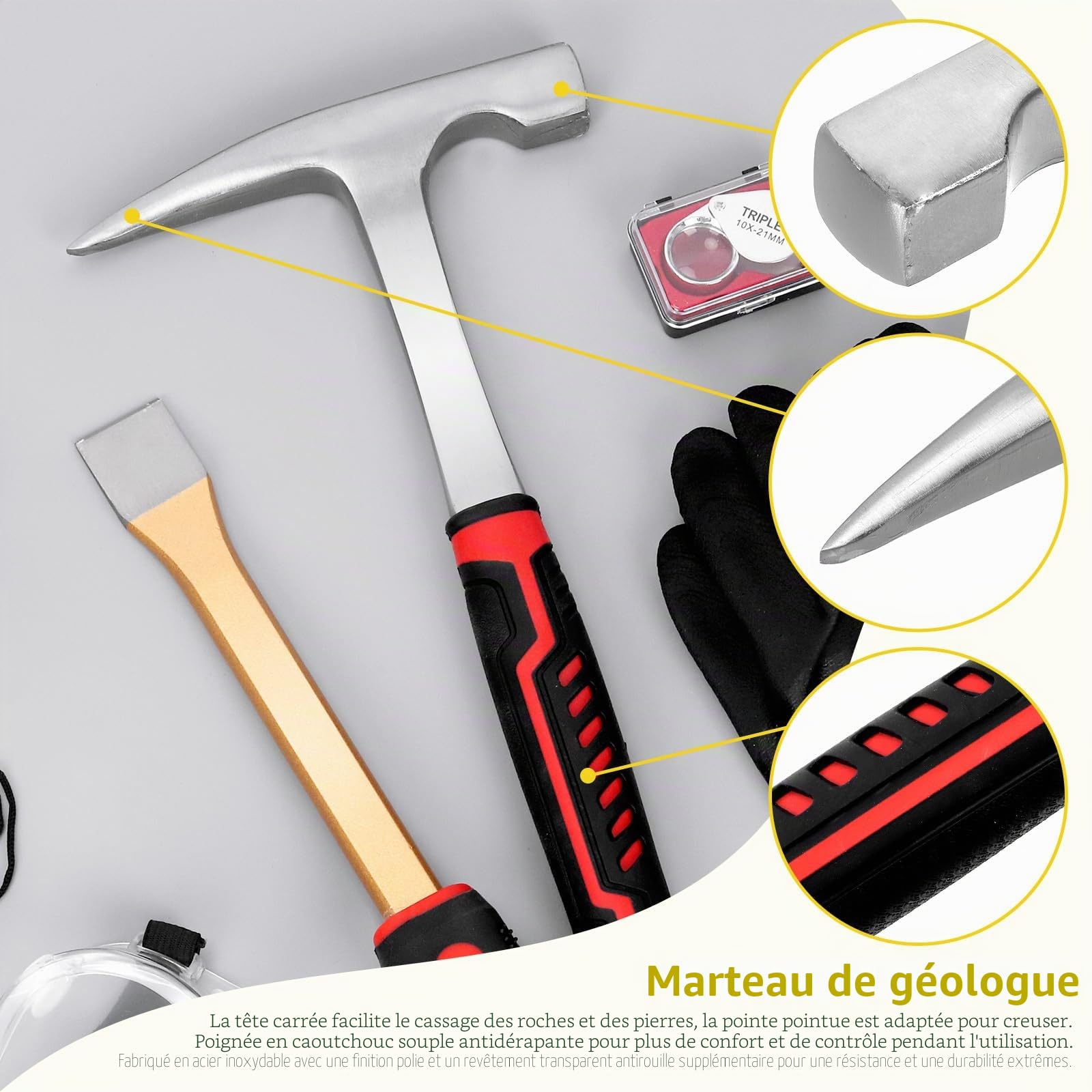 Lot de 6 marteaux et burins géologiques, marteau de roche et burin maçon de 30,5 cm, lunettes de sécurité, sifflet, loupe de bijoutier 10 x et gants, outils de chasse au rocher pour chasse au