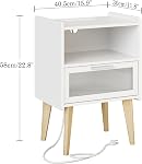 Nightstand with Charging Station, Bedside Tables with Glass Decorative Door, End Table Side Table with 2 Tiers Storage Space, for Bedroom, Living Room, White CAMLBZ07WE